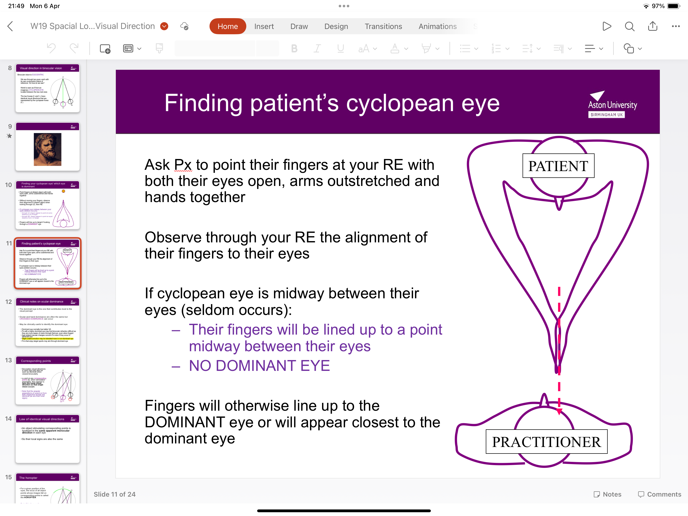 <ul><li><p>Point fingers at distant object with both eyes open </p></li><li><p>Keep fingers still- observe alignment of fingers to distant object when looking through LE and RE</p></li><li><p>Through LE, fingers will point right, through RE, fingers will point left- fingers line up according to dominant eye </p></li></ul><p></p>