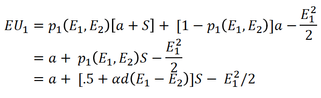 <ul><li><p>Contest rules - loser gets a, winner gets a+S</p></li><li><p>Disutility of effort - E²/2</p></li><li><p>Expected utility of agent 1 → see pic</p></li></ul><p></p>