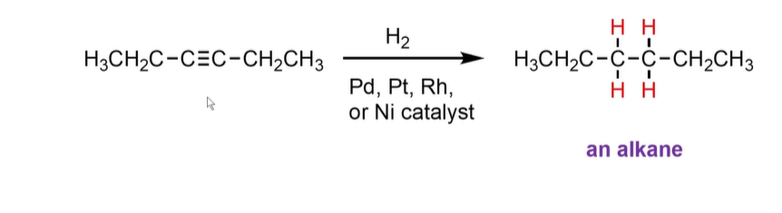 <p>They form a <strong>cis </strong>product and remove the triple bond all the way to <strong>single. (does not stop at alekene)</strong></p><p>They attatch to a metal and then add <strong>cis H’s.</strong></p><p></p><p><strong>Metals include:</strong></p><ul><li><p>Pd, Pt, Rh, or Ni catalyst.</p></li></ul><p></p>