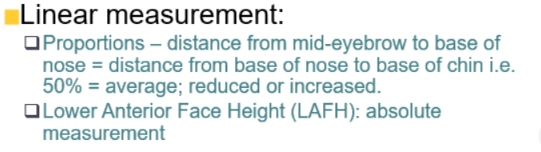 <ul><li><p>Proportions - mid-eyebrows to base of nose should equal base of nose to base of chin</p></li><li><p>Absolute measurement </p></li></ul><p></p>