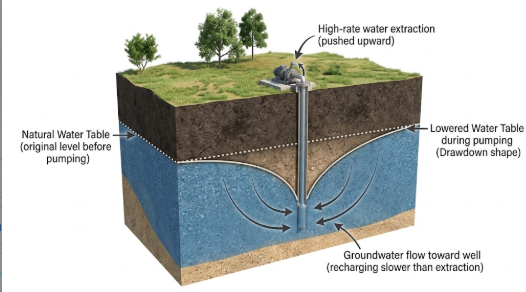 <p>What is the term/concept being visualized in this image? </p><p>Definition: An inverted, cone-shaped drawdown pattern created around a well when groundwater is pumped out faster than it recharges.</p>