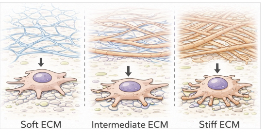 <p>varies across tissues </p><ul><li><p><u>brain</u> → soft ECM </p></li><li><p><u>muscle</u> → intermediate ECM </p></li><li><p><u>bone</u> → rigid ECM </p></li></ul><p></p><p>influences cell behavior</p><ul><li><p>regulates cell shape, migration, proliferation, and differentiation </p></li></ul><p></p>