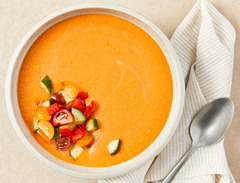 <p>Cool soup. A bright, refreshing chilled Gazpacho made with ripe tomatoes, cucumber, roasted red paper, and finished with a drizzle of Extra Virgin Olive Oil. *contains nuts*</p><p>Add ons: Superseed Crackers</p><p>Modifications: none</p><p>Allergens: Tree Nuts (cashews)</p>