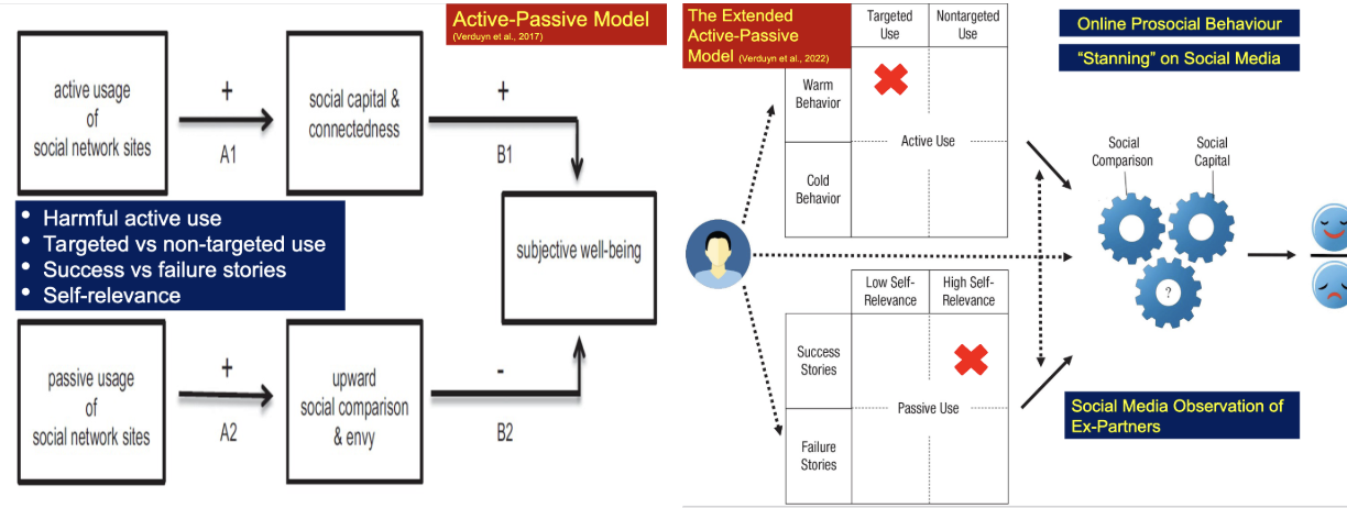 <ul><li><p>Distinguishes between active and passive use of social media </p></li><li><p><u>Active</u>: direct interaction with users</p></li><li><p><u>Passive</u>: social media use that does not directly interact with other users</p></li></ul><p></p>