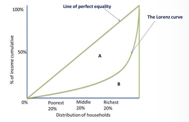 <ul><li><p>Shows the cumulative percentage of the population plotted against the cumulative percentage of income that people have</p></li><li><p>A perfectly equal society would have a straight line from corner to corner</p></li><li><p>The degree of the bend away from the straight line indicates the degree of inequality </p></li></ul><p></p>