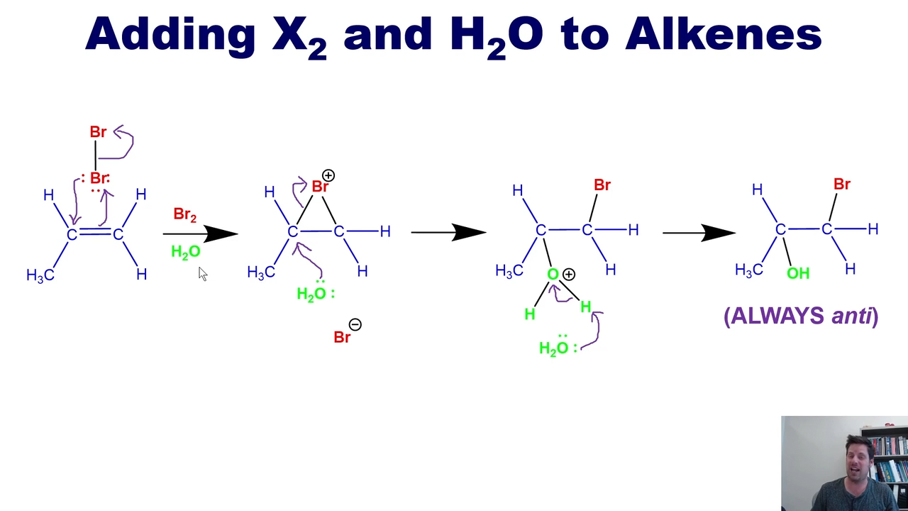 <p>H2O is signficantly more, so halogen anion cannot come through to the anti side </p>