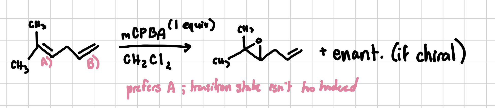 <p>Will always target the more substituted alkene. Forms an epoxide ring which is basically a oxygen triangle. </p><p>Reagents: mCPBA, CH2Cl2 </p>