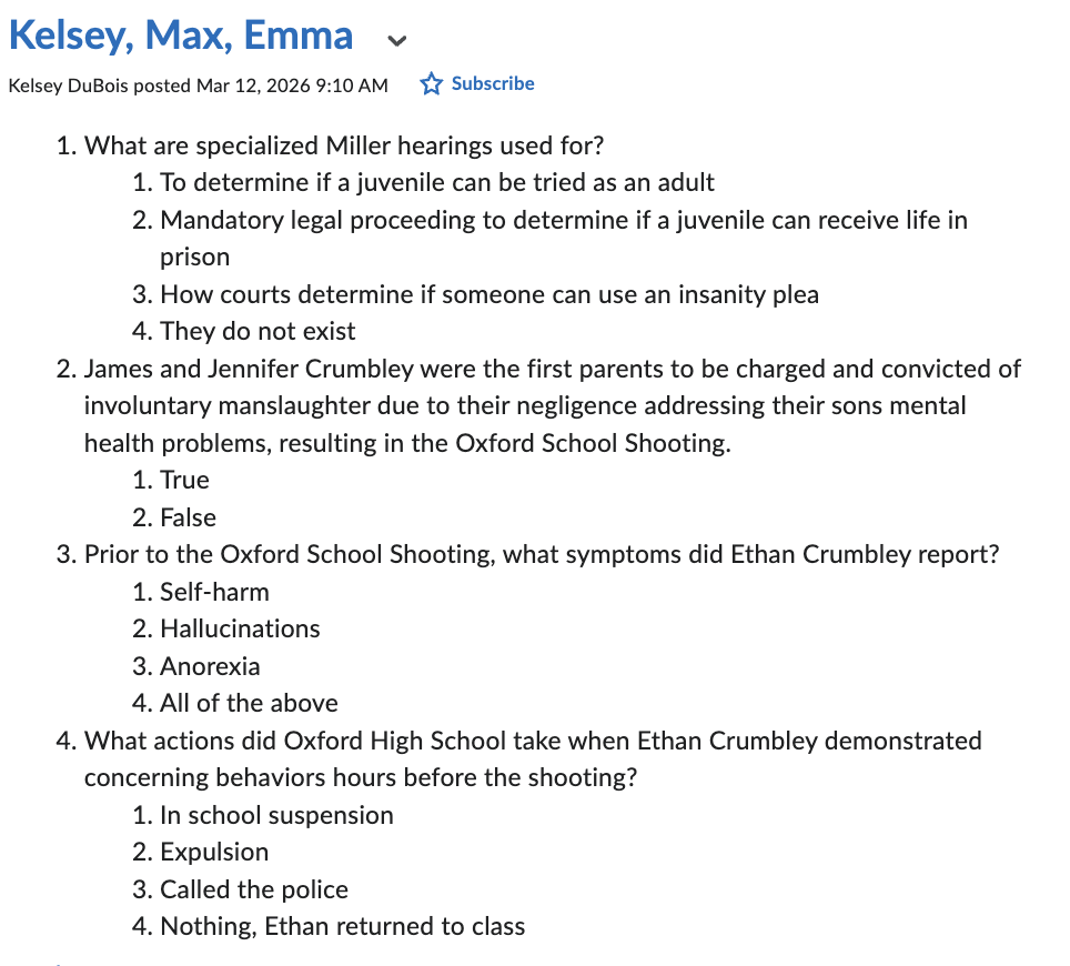 <p><span data-name="check_mark_button" data-type="emoji">✅</span> <strong>Mandatory legal proceeding to determine if a juvenile can receive life in prison (LWOP).</strong><br><strong>Options:</strong></p><ul><li><p>A) To determine if a juvenile can be tried as an adult <span data-name="cross_mark" data-type="emoji">❌</span></p></li><li><p><span data-name="check_mark_button" data-type="emoji">✅</span> B) Mandatory legal proceeding to determine if a juvenile can receive life in prison <span data-name="check_mark_button" data-type="emoji">✅</span></p></li><li><p>C) How courts determine if someone can use an insanity plea <span data-name="cross_mark" data-type="emoji">❌</span></p></li><li><p>D) They do not exist <span data-name="cross_mark" data-type="emoji">❌</span><br><strong>Why:</strong> After <em>Miller v. Alabama</em> (2012), <strong>mandatory</strong> juvenile LWOP is unconstitutional, so courts must hold a hearing to consider youth-specific factors before imposing LWOP.</p></li></ul><p>Specialized Miller hearings are conducted to assess whether a juvenile should receive life without parole (LWOP), taking into account youth-specific factors as mandated by Miller v. Alabama (2012). </p><p></p>