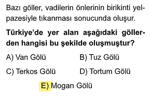 <p>Bu bir <strong>Alüvyal Set Gölü</strong>dür. Akarsuların taşıdığı alüvyonların bir vadinin önünü kapatmasıyla oluşur. Ankara'daki Mogan ve Eymir bunun en klasik örnekleridir.</p><p>Alüvyal Setçiler: <strong>"B-A-M-E-K"</strong> (Bafa, Köyceğiz, Marmara, Eymir, Mogan).</p>