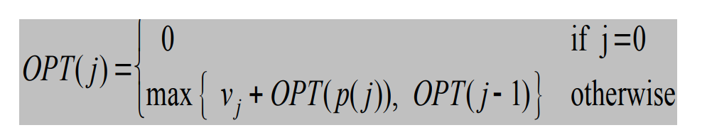 <p>OPT(j) = Optimal value using job requests 1…j</p><p>Case 1: OPT selects job j</p><ul><li><p>Add profit vj</p></li><li><p>Can't pick incompatible jobs between p(j)+1 and j-1</p></li><li><p>Add OPT(p(j))</p></li></ul><p>Case 2: OPT skips job j</p><ul><li><p>Take OPT(j-1)</p></li></ul><p>Recurrence:</p><p>Key idea: For each job, decide whether to take it or leave it, combining with best compatible previous jobs</p>