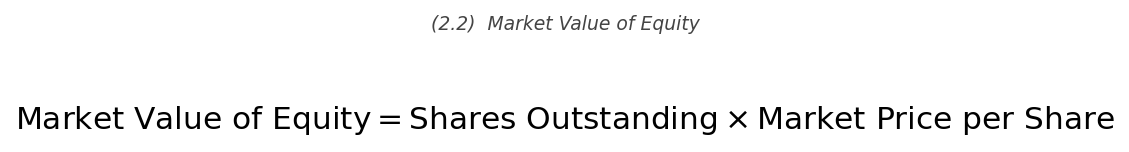 <p>\text{Market Value of Equity} = \text{Shares Outstanding} \times \text{Market Price per Share}</p>