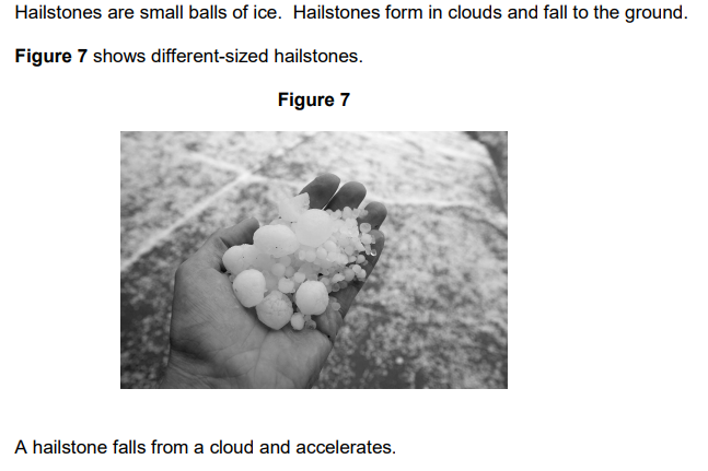 <p>2022: The hailstone stops accelerating and reaches terminal velocity<br>Explain why the hailstone reaches terminal velocity (3)</p>