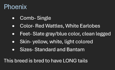 <p>Breed: Phoenix</p><p>Variety: White</p>