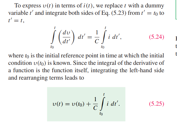<p>Utilize the equation i = C (dv/dt) and apply separable differential equations in order to solve for the voltage function. </p><p></p><p>The voltage across a capacitor is nothing more than the sum of the voltage with which it started added with the accumulated charge (recall that the integral of current IS charge). </p><p></p><p>In the same way how final position is the initial position + the integral of velocity, so too is final voltage the initial voltage + accumulated charge over some period of time. </p><p></p><p>If the capacitor is UNCHARGED at t = 0, then the start voltage is 0 because we do not start with any charge because there is no voltage. </p><p></p><p></p>