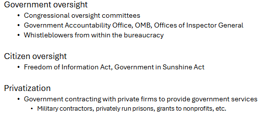 <p>How diff. ppl oversee bureaucracy</p>