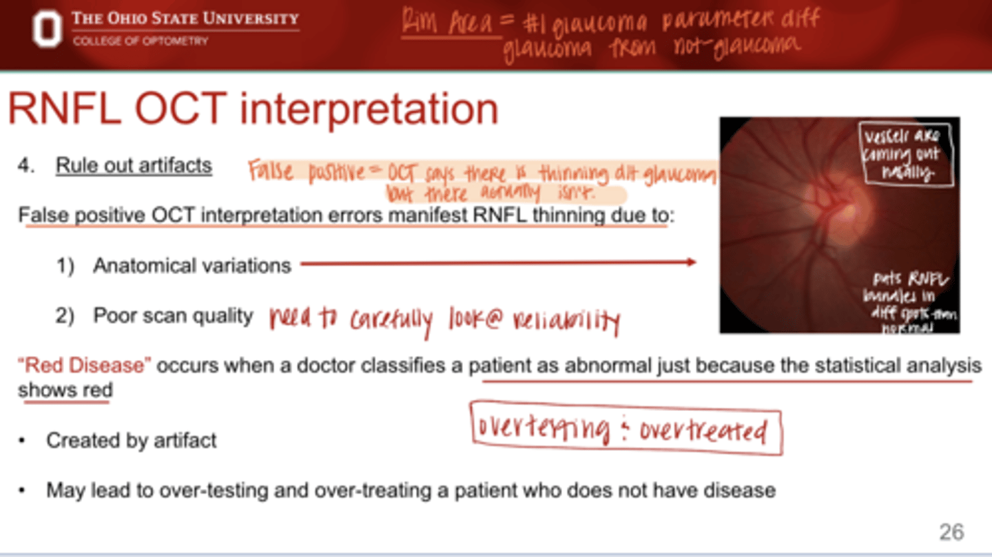 <p>True or False: </p><p>OCT errors can manifest false positive RNFL thinning</p>