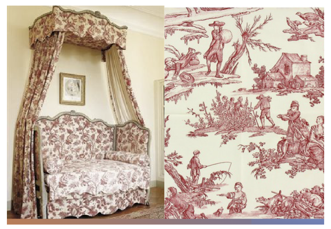 <p>- printed scenic fabric</p><p>- usually cotton or linen</p><p>- on bedding or upholstery</p>