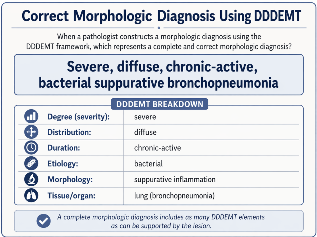 <p><span>Correct Answer: C. </span></p><p><span>This is a complete morphologic diagnosis because it categorizes the lesion and provides the required DDDEMT descriptors: Degree (Severe), Duration (acute), Distribution (multifocal), Modifier (necrotizing), and Tissue (hepatitis).</span></p>