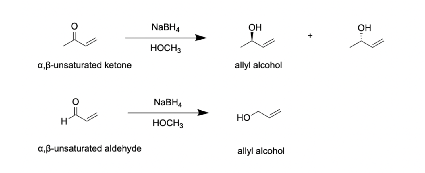 <p><strong>Alpha Beta Ketone/Aldehyde → Allylic Alcohol</strong></p><p>-Mild Reagent</p><p>-Reduces C double Bond O Carbonyl Only</p>