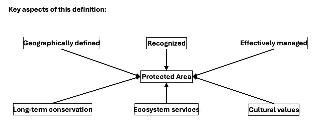 <p>A clearly defined geographical space, recognised, dedicated and managed, through legal or other effective means, to achieve the long-term conservation of nature with associated ecosystem services and cultural values.</p>