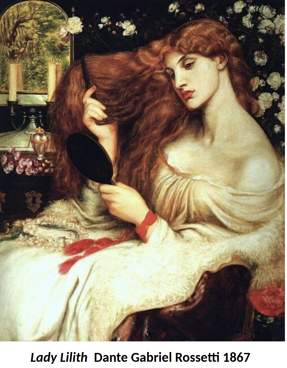 <ul><li><p>the image focuses on Lillith, painting her as a beautiful figure, that posesses power of a s*xual/spirtual nature </p></li><li><p>the background is of a bedroom, but the lush mirror reflection suggests the Garden of Eden</p></li><li><p>Instead of a proper/rigid portrait of a Victorian woman made up in the latest fashions, Lillith reclines in her bedclothes w/out a corset + wearing her hair down + loose</p></li><li><p>^^^^ all of this this suggests her openess + freedom</p></li><li><p>symbolizes Rossetti’s views on the sexual power of spiritual love, + he does not paint her as a demon but instead a character that attracts the viewer w/her beauty </p></li></ul><p></p>