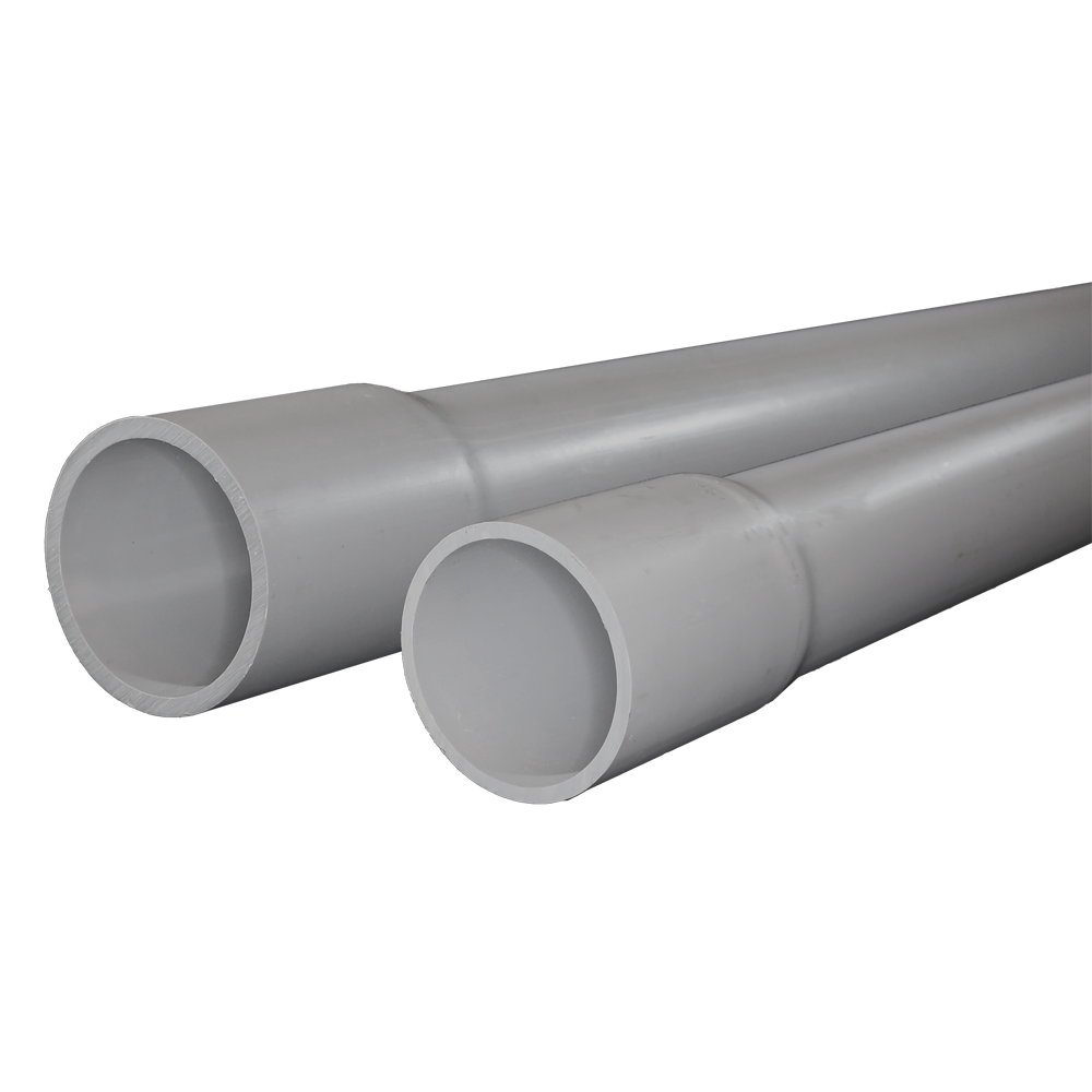 <p>Rigid gray plastic electrical conduit used indoors, outdoors, or underground, joined with solvent cement for waterproof protection of electrical wiring.</p>