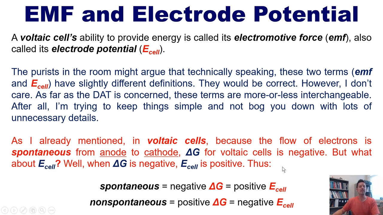 <p>a spontaneous reaction = - delta G = positive Ecell</p><p></p><p>a nonspontaneous reaction = + delta G = negative Ecell</p>
