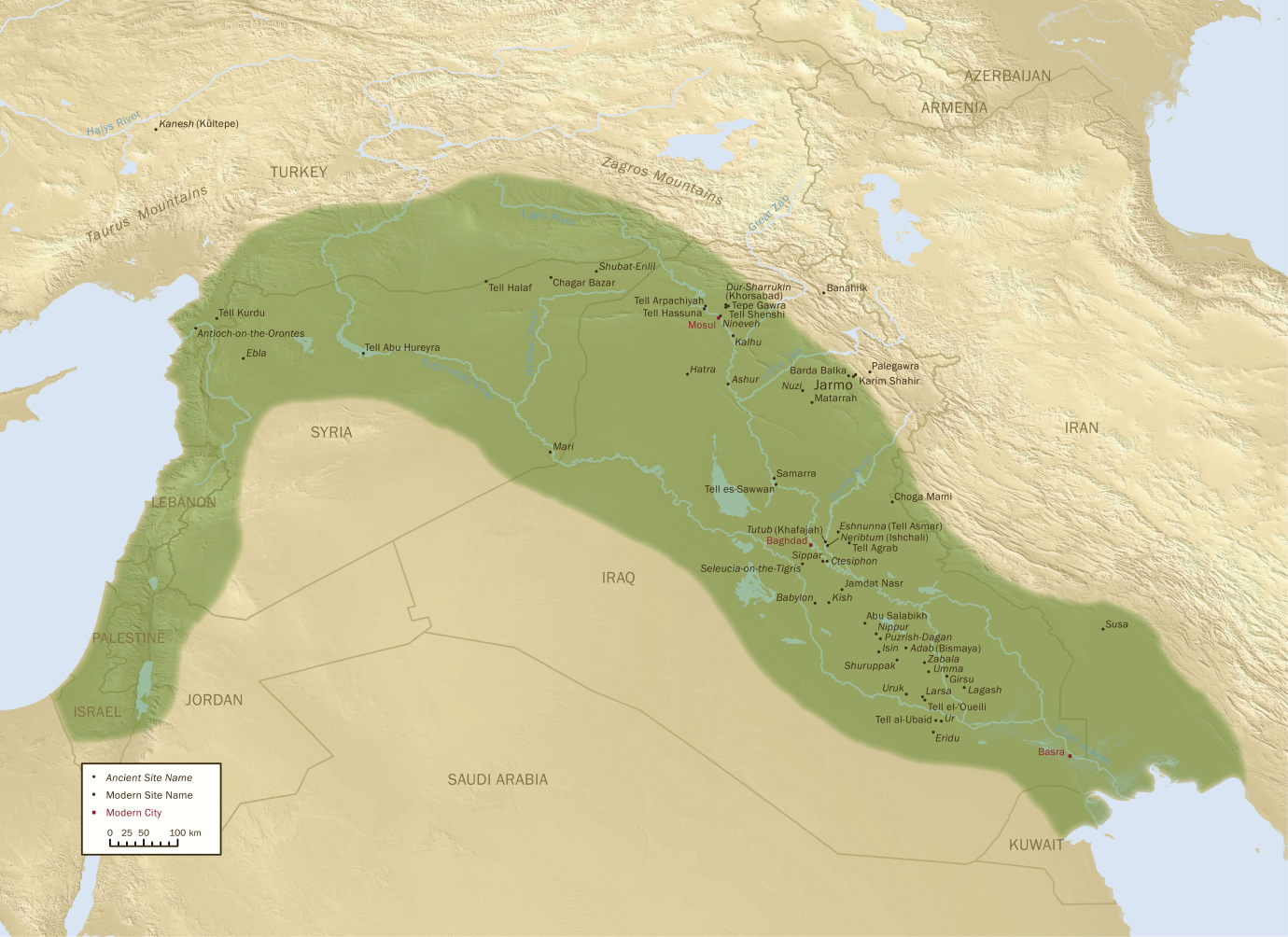 <p>area located in crescent shaped zone near southeastern mediterranean coast (iraq, syria, lebanon, turkey), once lush environment & one of 1st hearths of domestication & cultural activity</p>