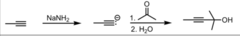 <p>deprotonates terminal alkynes, </p><p>ketone attached at most substituted and reduced to alcohol</p><p>keeps alkene structure</p>