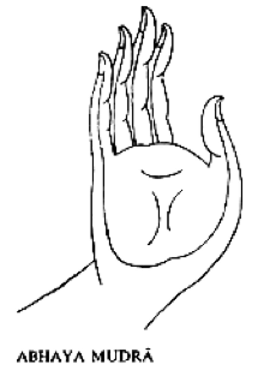 <p>"fear not," gesture often made as a sign of reassurance and/or protection</p>