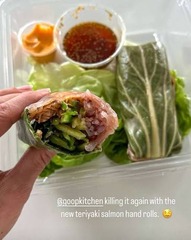 <p>Marinated teriyaki salmon, collard greens, ginger-scallion noodles, avocado, cucumber, cilantro leaves wrapped in rice paper, and served with a side of our teriyaki sauce and spicy aioli.</p><p>Extra Teriyaki sauce available for $1.95</p><p>Modifications: None</p><p>Allergens: Fish, Sesame, Soy</p>