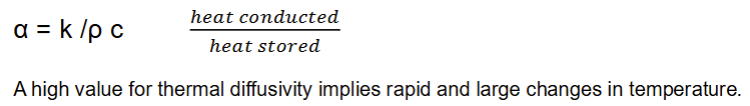 <ul><li><p>Governed by thermal conductivity and heat capacity. The ratio of these two properties of (k/C) is the thermal diffusivity (alpha). </p></li></ul><p></p>