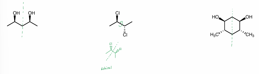 <p>has a superimposable mirror image &amp; are <strong>achiral</strong></p><ul><li><p>has </p><ul><li><p>chiral center (but not chiral)</p></li><li><p>plane of symmetry </p></li></ul></li><li><p>2 chiral centers, but molecule <strong>itself </strong>is not chiral b/c internal plane of symmetry </p></li></ul><p></p>