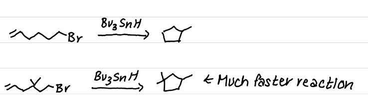 <p>The addition of gem-dimethyls results in a faster ring closure reaction</p><p>due to higher steric hinderance favoring ring closure (&amp; other intramolecular reactions)</p>