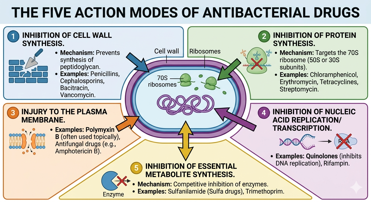 <ol><li><p>Inhibition of Cell Wall Synthesis</p></li><li><p>Inhibition of Protein Synthesis</p></li><li><p>Inhibition of nucleic acid replication and transcription </p></li><li><p>injury to plasma membrane</p></li><li><p>inhibition of essential metabolite synthesis </p></li></ol><p></p>