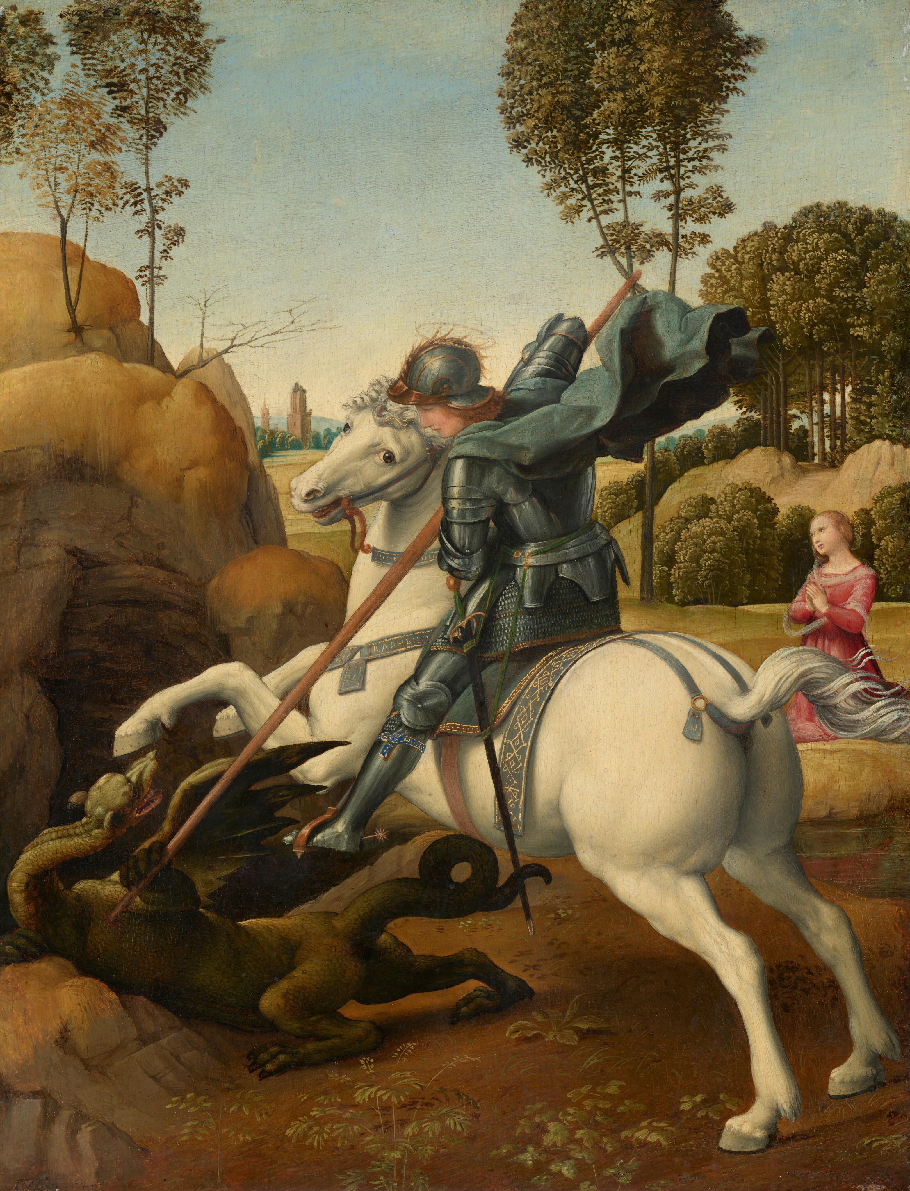 <p>Raphael, Rafaello <span>Raffaelo di Giovanni Santi, </span>Saint George and the Dragon</p><p class="f-text--para-s c-artwork-header__date">(c. 1506)</p>