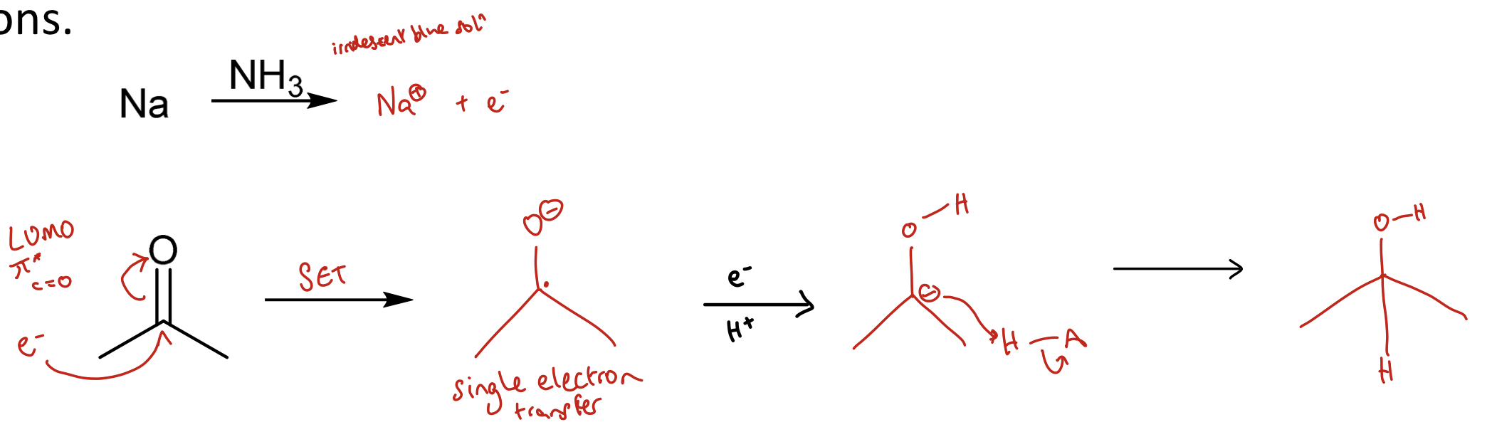 <ul><li><p>Reductive metals i.e. Li, Na, K and Mg are readily oxidised.</p></li><li><p>They dissolve in certain solvents (like ammonia or alcohol)</p></li><li><p>Can produce solvated e<sup>-</sup>s that occupy pi orbitals (e.g. pi* of carbonyls or aromatics) → prod radical anions</p></li></ul><p></p>