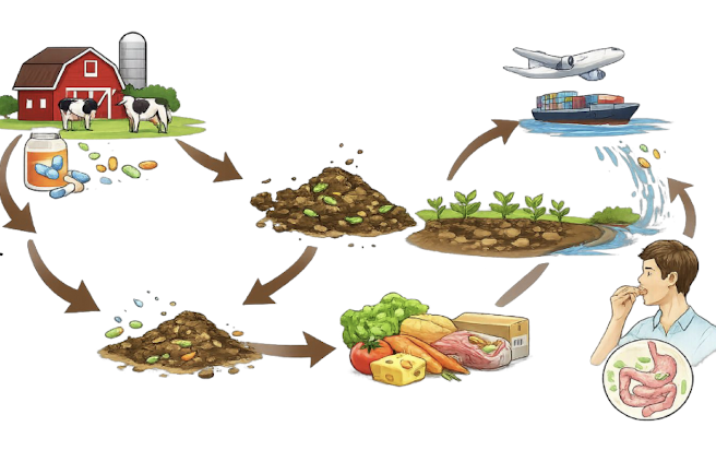 <p><strong>• Livestock exposure to therapeutic and prophylactic antibiotics</strong></p><p><strong>• Animal gut microbiomes act as reservoirs</strong></p><p><strong>• Manure application </strong><span style="color: red;"><strong>spreads resistant bacteria into soil</strong></span></p><p>• Crops <u>can be contaminated via soil and irrigation water</u></p><p>• <mark data-color="yellow" style="background-color: yellow; color: inherit;">Raw and minimally processed foods can carry ARGs</mark></p><p>• Long food chains and spread</p>