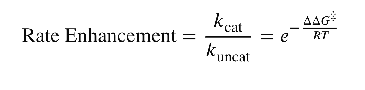 <p>R = gas constant</p><p>ΔΔG is the difference in free energy (ΔG<sub>cat </sub>- ΔG<sub>uncat</sub>)</p>