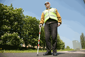 <p>You see a pedestrian carrying a white stick that also has a red band. What does this mean?</p>