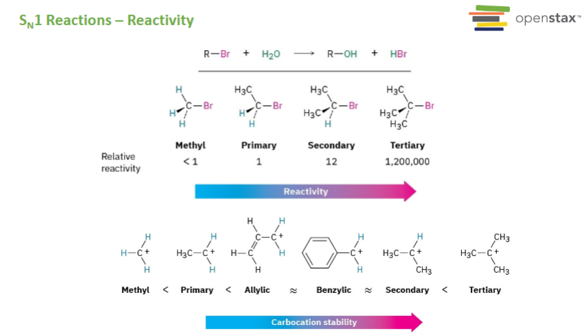 <p>(<strong>Substitution Nucleophilic Unimolecular</strong>) 2 step reaction</p><ul><li><p>Step 1: Leaving group leaves, a carbocation forms (slow and rate determining step).</p></li><li><p>Step 2: Nucleophile attacks</p></li></ul><p>Rate <strong>only </strong><u>depends </u>on <strong>Alkyl Halide</strong></p><p>Rate = k [RX]</p><ul><li><p>For an SN1 reaction, the <strong>more substituents</strong> (alkyl groups) attached to the reacting carbon, the <strong>better and faster</strong> the reaction will be (opposite of SN2).</p></li></ul><p>SN1 loves stable carbocations: 3 > 2 > 1.</p>