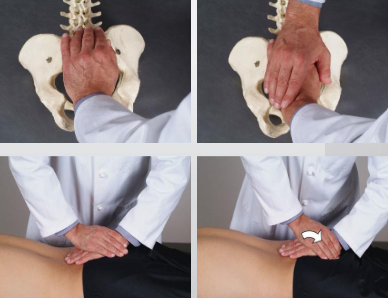 <ul><li><p>place caudad hand on ILAs (fingers up)  → downward pressure (inhale = push/extend) (exhale = resist)</p></li><li><p>contact sacral sulci → downward pressure (exhale = push/flex) (inhale = resist)</p></li></ul><p></p>