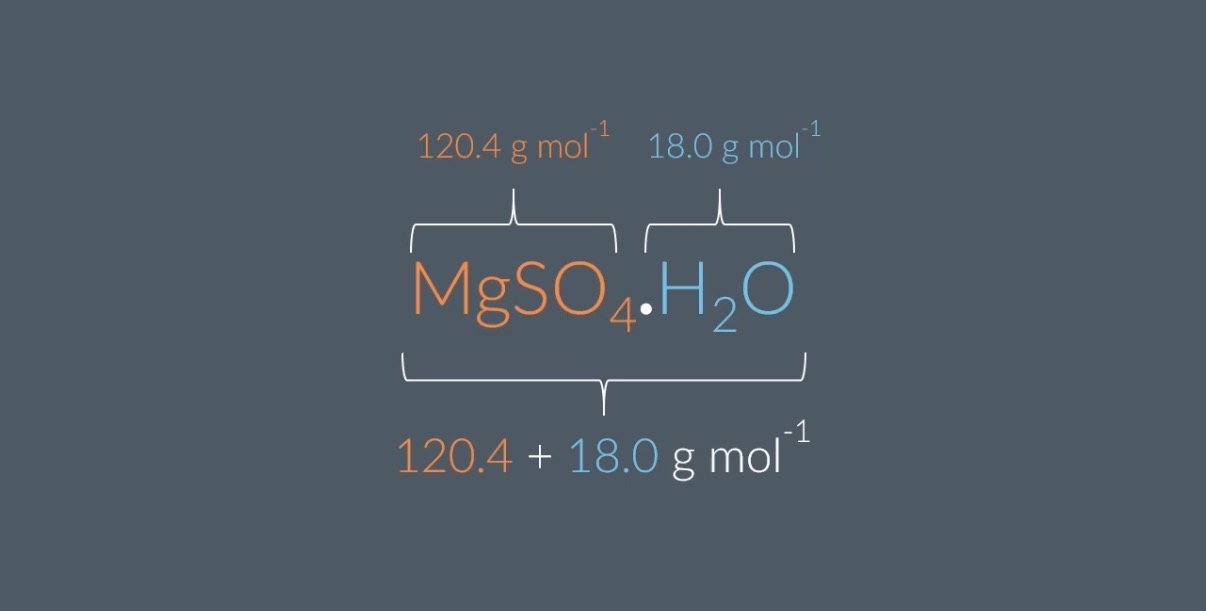 <p><strong><span>The Molar Mass of Hydrated Salts:</span></strong></p><ol><li><p><span style="font-size: var(--ck-content-font-size);"><span>What is the molar mass of MgSO4?</span><span><br></span><span>Give your answer to 1 decimal place.</span><span><br></span><span>=g mol−1</span></span></p></li></ol><p>note:<span>Magnesium (Mg): 24.3</span></p><p><span>• Sulfur (S): 32.1</span></p><p><span>• Oxygen (O): 16.0</span></p><ol start="2"><li><p><span style="font-size: var(--ck-content-font-size);"><span>What is the molar mass of H2O?</span><span><br></span><span>Give your answer to 1 decimal place</span></span></p></li><li><p><span style="font-size: var(--ck-content-font-size);"><span>What is the molar mass of MgSO4.7H2O?</span><span><br></span></span></p><p class="sc-fQpSrZ sc-jrISjm fmbeOa jQioZF"><span style="font-size: var(--ck-content-font-size);"><span>The molar mass of MgSO4=120.4g mol−1 and the molar mass of H2O=18.0g mol−1</span></span></p><p class="sc-fQpSrZ bvYkPV"><span style="font-size: var(--ck-content-font-size);"><span>A: 120.4+4⁢(18.0)g mol−1</span></span></p><p class="sc-fQpSrZ bvYkPV"><span style="font-size: var(--ck-content-font-size);"><span>B: 7⁢(120.4)+18.0g mol−1</span></span></p><p class="sc-fQpSrZ bvYkPV"><span style="font-size: var(--ck-content-font-size);"><span>C: 120.4+18.0g mol−1</span></span></p><p class="sc-fQpSrZ bvYkPV"><span style="font-size: var(--ck-content-font-size);"><span>D: 120.4+7⁢(18.0)g mol−1</span></span></p></li></ol><p class="sc-fQpSrZ bvYkPV"></p><ol start="4"><li><p class="sc-fQpSrZ bvYkPV"><span style="font-size: var(--ck-content-font-size);"><span>What is the molar mass of CuCl2.2H2O?</span><span><br></span><span>Give your answer as a number to one decimal place.</span></span></p></li></ol><p class="sc-fQpSrZ sc-jrISjm fmbeOa jQioZF">note:<span>• Copper (Cu): 63.5</span></p><p><span>• Chlorine (Cl): 35.5</span></p><p><span>• Hydrogen (H): 1.0</span></p><p><span>• Oxygen (O): 16.0</span></p><p></p><ol start="5"><li><p><span style="font-size: var(--ck-content-font-size);"><span>In terms of x, what is the molar mass of MgSO4.⁢xH2O?</span><span><br></span></span></p><p class="sc-fQpSrZ sc-jrISjm fmbeOa jQioZF"><span style="font-size: var(--ck-content-font-size);"><span>The molar mass of MgSO4=120.4g mol−1 and the molar mass of H2O=18.0g mol−1</span></span></p><p><span style="line-height: 0.75rem;"><span>Correct answersYour answers</span></span></p><p class="sc-fQpSrZ bvYkPV"><span style="font-size: var(--ck-content-font-size);"><span>A: 120.4+x⁢(18.0)g mol−1</span></span></p><p class="sc-fQpSrZ bvYkPV"><span style="font-size: var(--ck-content-font-size);"><span>B: x⁢(120.4)+18.0g mol−1</span></span></p><p class="sc-fQpSrZ bvYkPV"><span style="font-size: var(--ck-content-font-size);"><span>C: 120.4+18.0+x g mol−1</span></span></p><p class="sc-fQpSrZ bvYkPV"><span style="font-size: var(--ck-content-font-size);"><span>D: 120.4+18.0g mol−1</span></span></p></li></ol><p class="sc-fQpSrZ bvYkPV"></p><ol start="6"><li><p class="sc-fQpSrZ bvYkPV"><span style="font-size: var(--ck-content-font-size);"><span>The molar mass of CaCl2.⁢xH2O is equal to...</span></span></p><p class="sc-fQpSrZ bvYkPV"><span style="font-size: var(--ck-content-font-size);"><span>A: molar mass of CaCl2+x⁢(18.0)</span></span></p><p class="sc-fQpSrZ bvYkPV"><span style="font-size: var(--ck-content-font-size);"><span>B: molar mass of CaCl2+18.0</span></span></p><p class="sc-fQpSrZ bvYkPV"><span style="font-size: var(--ck-content-font-size);"><span>C: molar mass of CaCl2+x</span></span></p><p class="sc-fQpSrZ bvYkPV"><span style="font-size: var(--ck-content-font-size);"><span>D: molar mass of CaCl2+18.0+x</span></span></p></li></ol><p></p>