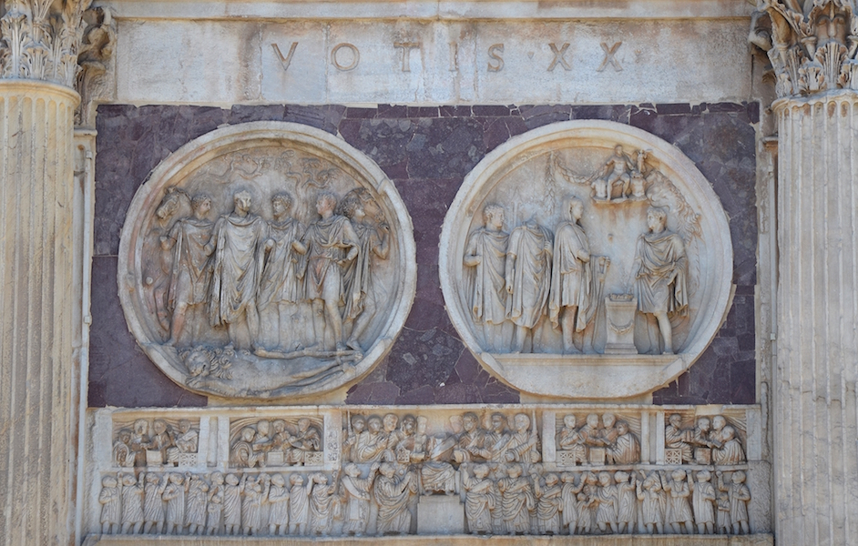 <p>arch of constantine 315 ad</p><p>shows the contrast of styles</p><p>the packed line with lots of figures</p><p>and the chill roundels with the spacious images after the crisis had passed</p>