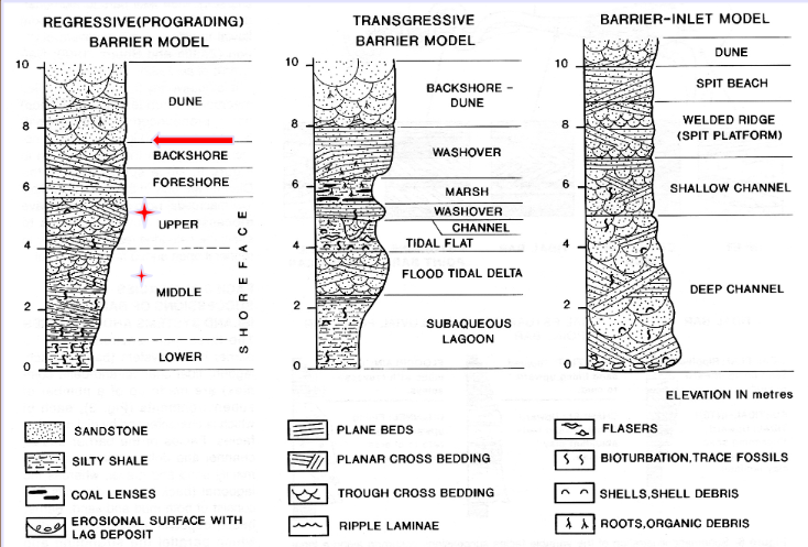 <p>Happen where sediment supply is too low to counteract erosional loss. Marsh behind the barrier will fill with sediment and the beach migrates landward</p><p>Coastline susceptible to sand wash-over during storms</p>