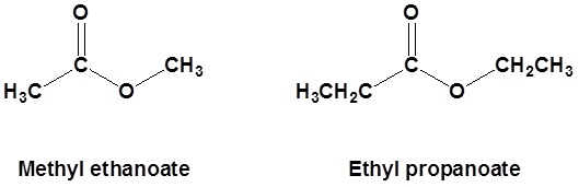 <p>(alcohol part chain)-yl-(double bond chain)-oate, where the alcohol part is single bonded to the oxygen and acid part contains the double bond with oxygen, <span style="background-color: transparent;">C<sub>n</sub>H<sub>2n</sub>O<sub>2</sub></span></p>
