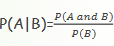 <p>probability of A given B</p><p>P(A|B)=P(A) and vice versa if it’s independent </p>