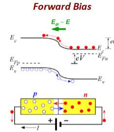 <ul><li><p>E<sub>Fp </sub>shifts down away from E<sub>Fn</sub></p></li><li><p>p and n side bands shift relative (closer) to each other (less bending)</p></li><li><p>built in potential and depletion width decreases</p></li><li><p>net current from p to n </p></li></ul><p></p>