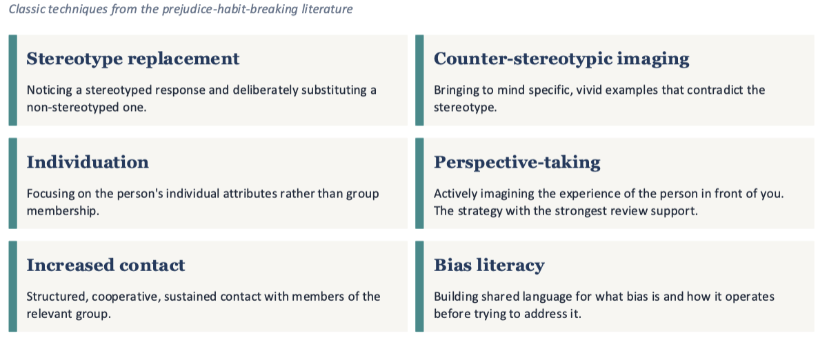 <ul><li><p>stereotype replacement</p></li><li><p>individuation</p></li><li><p>increased contact</p></li><li><p>counter-stereotyping imaging</p></li><li><p>perspective-taking</p></li><li><p>bias literacy</p></li></ul><p></p>