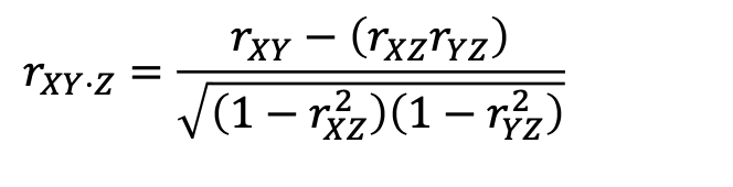 <ul><li><p>the correlation of two things, after controlling for another variable (e.g. ice cream and criminal activity and temp, after controlling for temp is obviously 0)</p></li><li><p>Practice</p><ul><li><p>&nbsp;rXY = 0.923 (already done)</p></li><li><p class="p1">rYZ = 0.961</p></li><li><p class="p1">rXZ = 0.961</p></li><li><p class="p1">rXY.Z = 0</p></li></ul></li></ul><p></p>